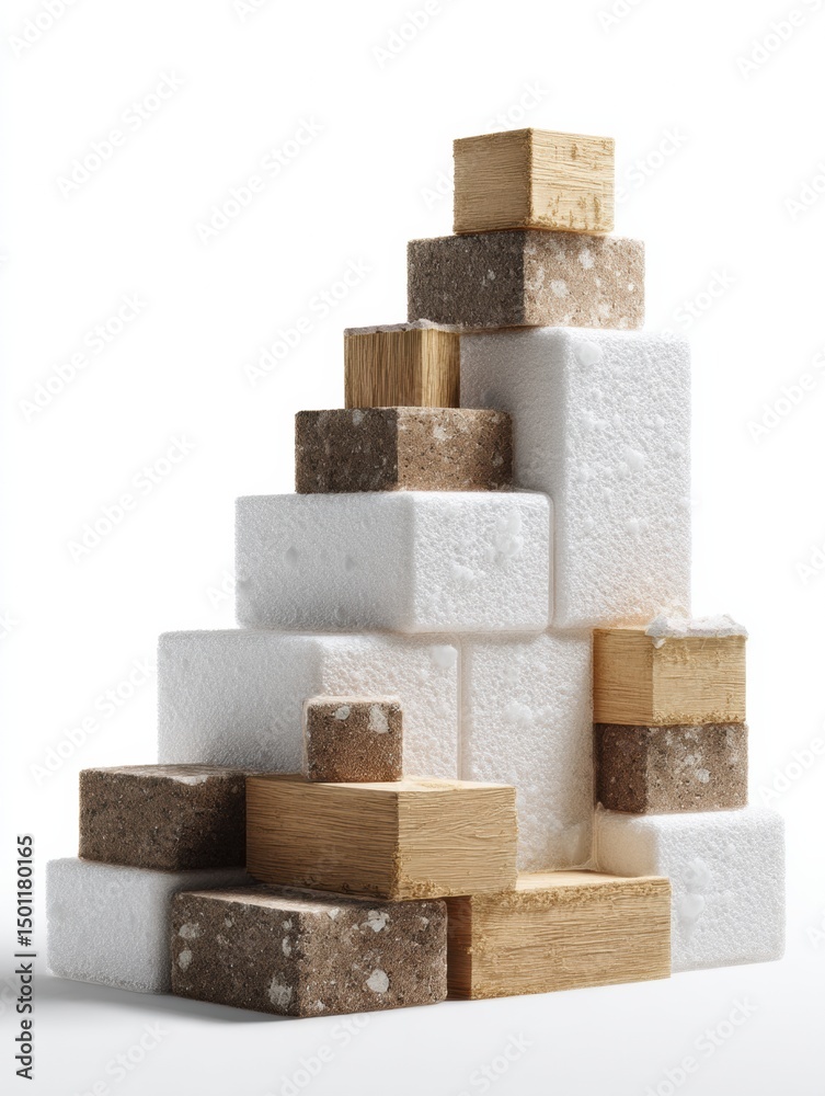 Aufkleber Stacked Arrangement of Bricks and Foam Blocks Showcasing Textures and Structure Against a White Background