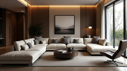 A bright and airy living room features large windows with stunning ocean view, showcasing cozy sofa, stylish coffee table