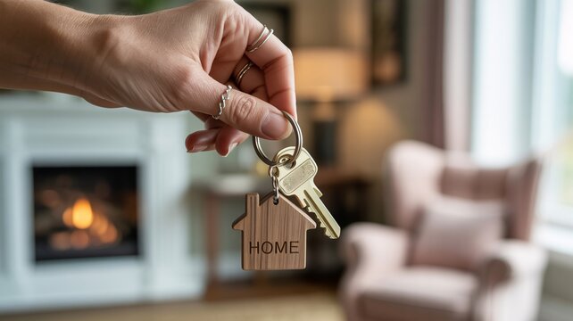 A woman's hand holds a keychain with 'HOME' in a cozy living room setting.