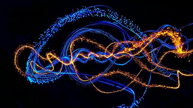 Blue and gold light trails intertwine and flow across a black background, creating a vibrant abstract composition that embodies movement, energy, and dynamic interaction