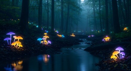 Colorful bioluminescent mushrooms near a mystical forest stream