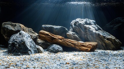 Natural rock and colorful fish situated in aquarium hardscape setup before planting stones and plants