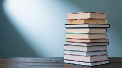 A stack of assorted books on a wooden table illuminated by soft light, creating a warm ambiance.