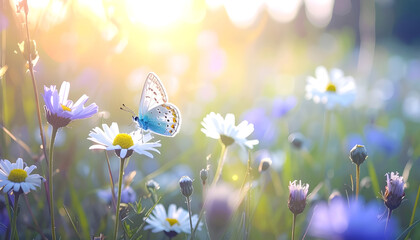 Wild flowers in a meadow at sunset. Macro image, shallow depth of field. Abstract summer nature background
