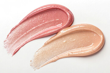 Glossy pink and nude lip gloss smears with shimmer isolated on white background, closeup of shiny makeup texture, beauty product swatches for cosmetics design, skincare mockup, glamour concept