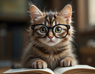 Intelligent Fluffy Kitten Wearing Glasses Resting on an Open Book Indoors