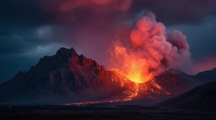 Fototapeta premium Molten lava eruption lights up dark sky over volcanic mountain landscape