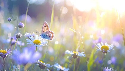 Wild flowers in a meadow at sunset. Macro image, shallow depth of field. Abstract summer nature background
