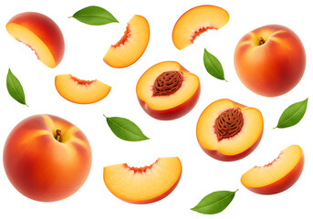 Fresh peaches and slices with green leaves Isolated on transparent background