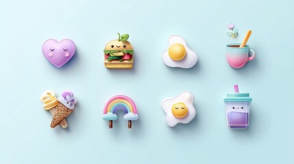 Cute Pastel Pixel Art Food Illustrations on Light Blue Background