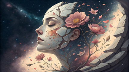 Surreal Bloom: A Woman's Face Intertwined with Nature