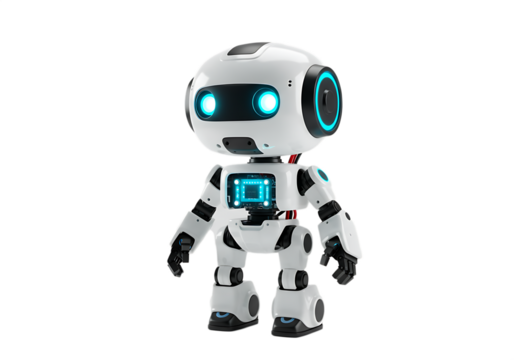 Modern white robot with glowing eyes and chest panel Isolated on transparent background