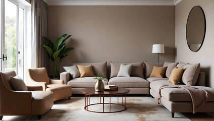 Modern living room interior design with comfortable sofa and stylish decor