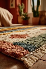 Fototapeta premium Bohemian-style rug with earthy tones enhances cozy eclectic interior decor