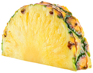 Pineapple slice isolated png. Pineapple half of slice on transparent background. Cut pineapple no background. Pineapple piece transparent png. Full depth of field.