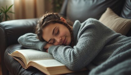 Obraz premium Cozy girl napping with a book on a plush sofa