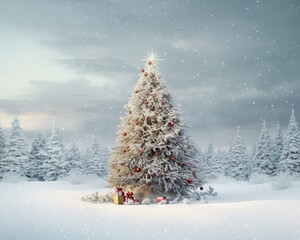Behold, a wondrous spectacle unfolds as ethereal touch of snow bestows upon holiday festivities an enchanting and everlasting essence, rendering this Christmas a truly majestic affair - obrazy, fototapety, plakaty