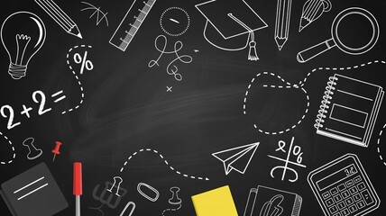 A vibrant blackboard background filled with educational doodles, ideal for school-themed designs.