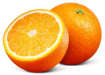 Orange isolated png. Whole orange and a half on transparent background. Orang fruit no background. Full depth of field. Transparent png