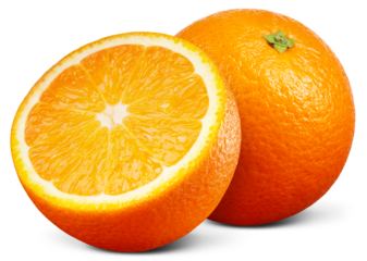 Orange isolated png. Whole orange and a half on transparent background. Orang fruit no background. Full depth of field. Transparent png