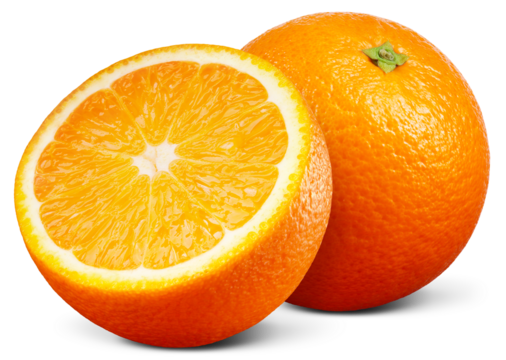 Orange isolated png. Whole orange and a half on transparent background. Orang fruit no background. Full depth of field. Transparent png