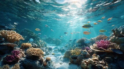 Fototapeta premium Vibrant Underwater Coral Reef Scene with Colorful Fish and Sunbeams