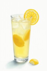 Fototapeta premium A tall glass of yellow lemonade with ice cubes and lemon slices, set against a clean white background. A lemon slice decorates the rim of the glass.