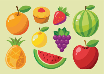 Fruit Vector Icon Set , There are Fruit Icons of Apple, Orange, Pineapple, Mango, strawberry, Blueberry, Watermelon, Banana and More.