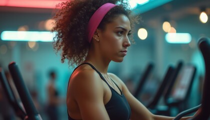 Focused woman exercising on an elliptical machine
