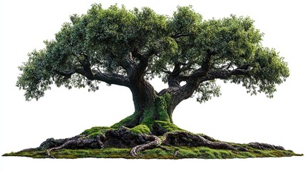 Lush, ancient tree with broad canopy, mossy roots, and verdant foliage