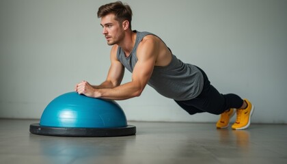 Obraz premium Focused man performing a plank exercise on a stability ball