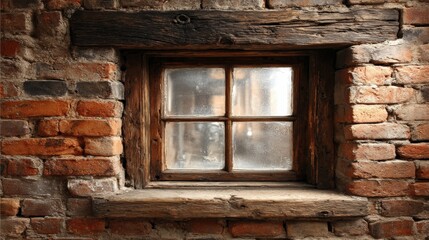 Small rectangular window framed in dark wood against rustic brick wall
