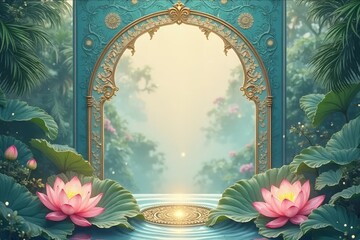 Elegant turquoise and ivory wedding invitation design with glowing pink lotus motifs. 