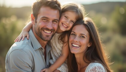 Fototapeta premium Joyful family portrait with a smiling man, woman, and child