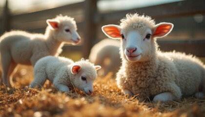 Obraz premium Adorable lambs and their mother resting in golden hay