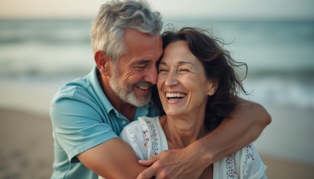 Joyful couple embracing on the beach at sunset