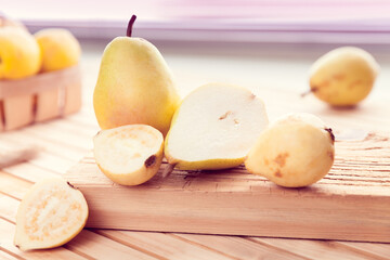 pear and guava cut in half