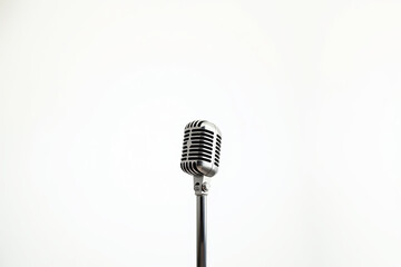 Vintage Retro Studio Microphone on Seamless White Background with Chrome Trim and High-Key Lighting