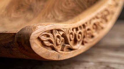 Intricately Carved Wooden Bowl, Detail of handcrafted artistry, showcasing natural wood grain and floral patterns. Perfect for home decor, artisan crafts, and woodworking.