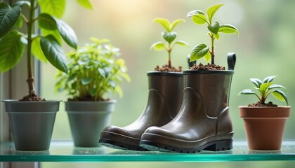 Creative indoor gardening with young plants growing in rain boots on glass shelf by sunlit window representing domestic tranquility