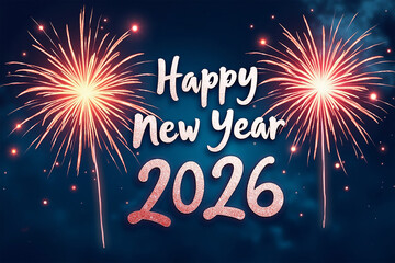 Abstract Fireworks New Year 2026 Celebration with Sparkling Silver Text and Night Sky Art