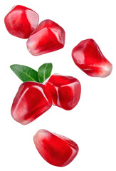 Pomegranate isolated png. Pomegranate seed with leaf flying on white or transparent background. Falling pomegranate seeds side view png. Pomegranate no background. Full depth of field.