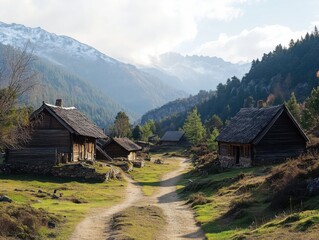 Obraz premium isolated village community, rustic wooden houses, remote mountainous setting, traditional lifestyle, peaceful nature