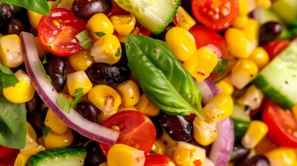 Close up of vibrant corn and black bean salad with cherry tomatoes, cucumber, red onion, and basil. Healthy, fresh, summer food concept.