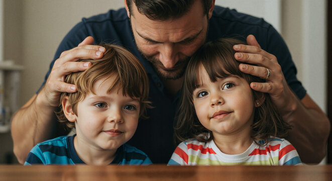 Father blessing his children with gentle affection at home  