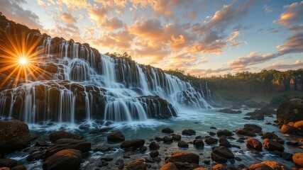 Majestic Waterfall Sunset: A Breathtaking Scene