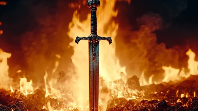 Epic Sword Forged in Fiery Furnace: Symbol of Power and Eternal Conflict