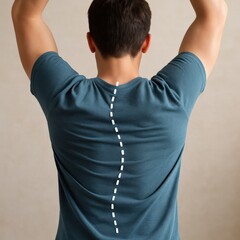 Back view of a man with a curved white line representing spinal scoliosis. Symbol of spine misalignment, posture issues, and importance of awareness and medical care