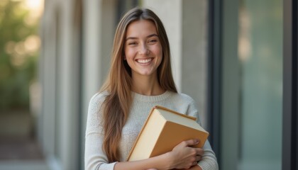 Cheerful young woman holding books
