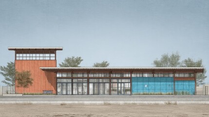 Fototapeta premium Modern Commercial Building with Natural Wood and Glass Facade.